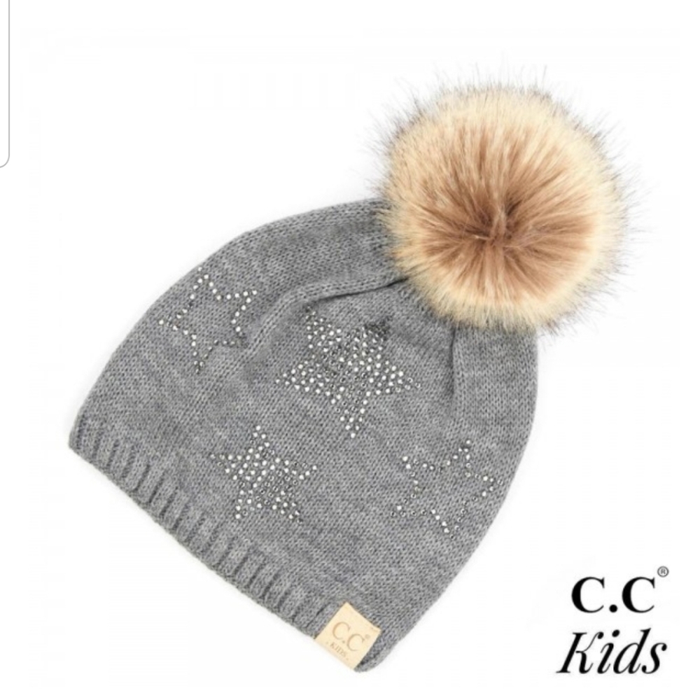 C.C.Beanie Kids Rhinestone Stars Beanie w/Pompom Lt Gre